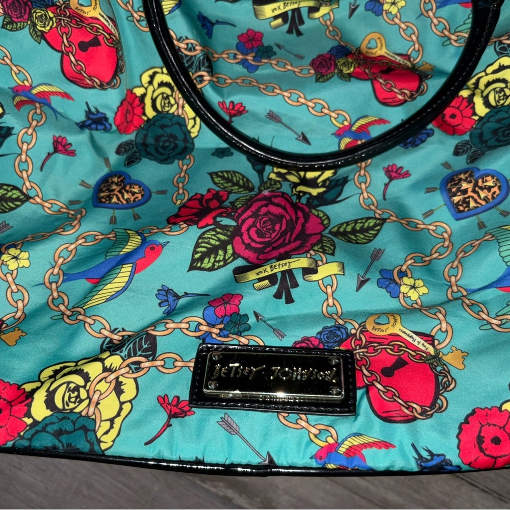 Betsey Johnson Teal Floral Tote with Black Trim